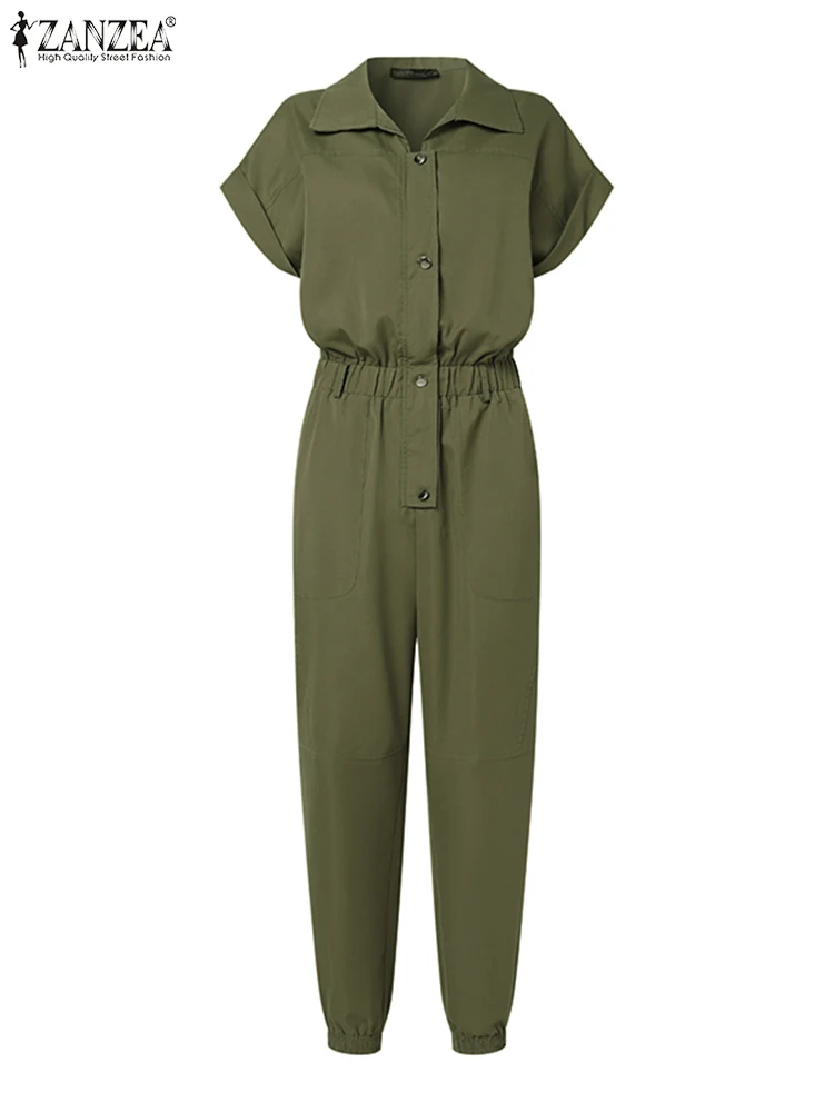 Mode Dames Elegante Cargobroek Vintage Effen Werk Rompertjes 2023 Zanzea Zomer Revers Hals Korte Mouw Jumpsuits Lange Playsuits