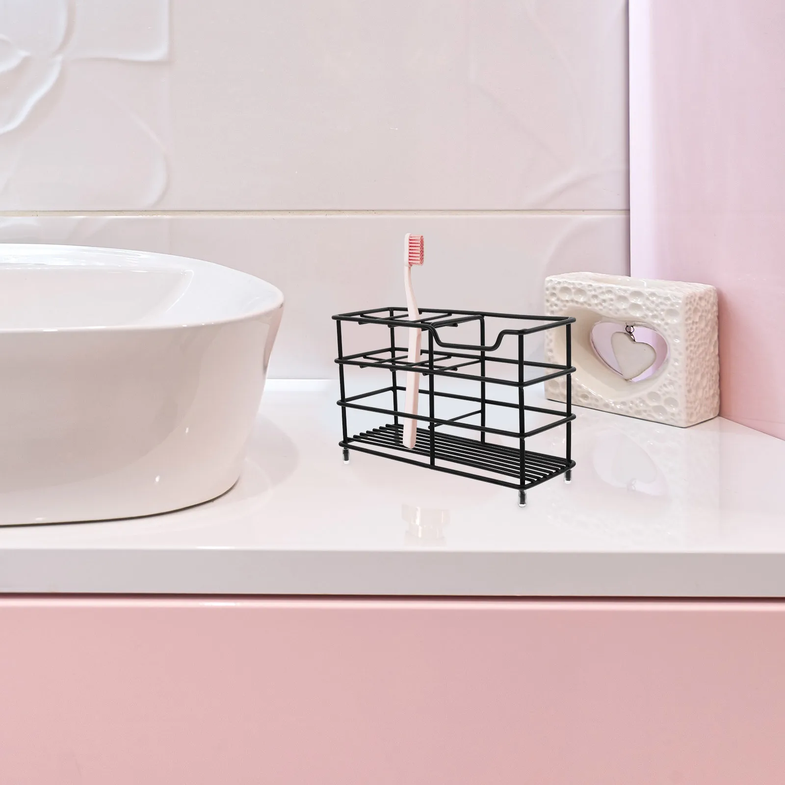 

Toothbrush Holder Stainless Steel 6 Grids Countertop Bathroom Organizer Sink Storage for Toothbrushes Toothpaste Elegant Finish
