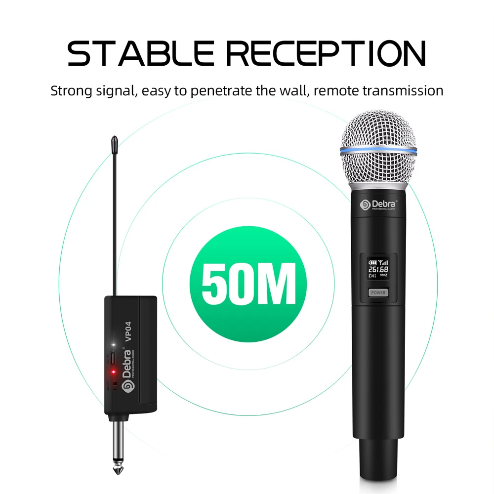 VP-02 4-Channel Handheld Wireless Microphone System with Built-in Lithium Battery, Rechargeable Handheld Microphone for Karaoke