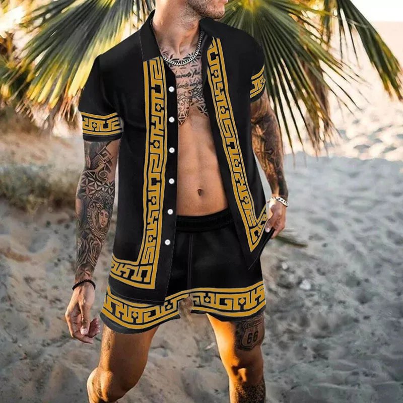 

Summer Casual Loose Print Two-Piece Set Beach irt Men's Outfit Long Sve Comfortable Fit Versatile Clothing Ensemble
