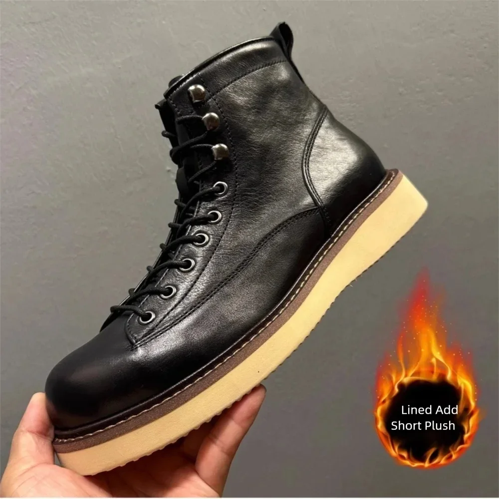 QHCCID Handmade Retro Horsehide Men's Boots Winter and Spring Add Short Plush Warm Motorcycle Boots Paratrooper Boots Men's