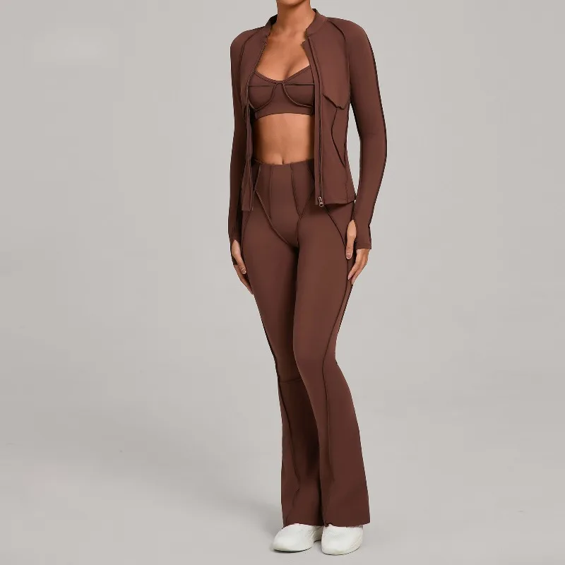 طقم يوجا نسائي بحزام رفيع حمالة صدر جميلة وسحاب معطف ناعم عالي الخصر سروال واسع للجري واللياقة البدنية طقم رياضي ضيق مكون من 3 قطع #3