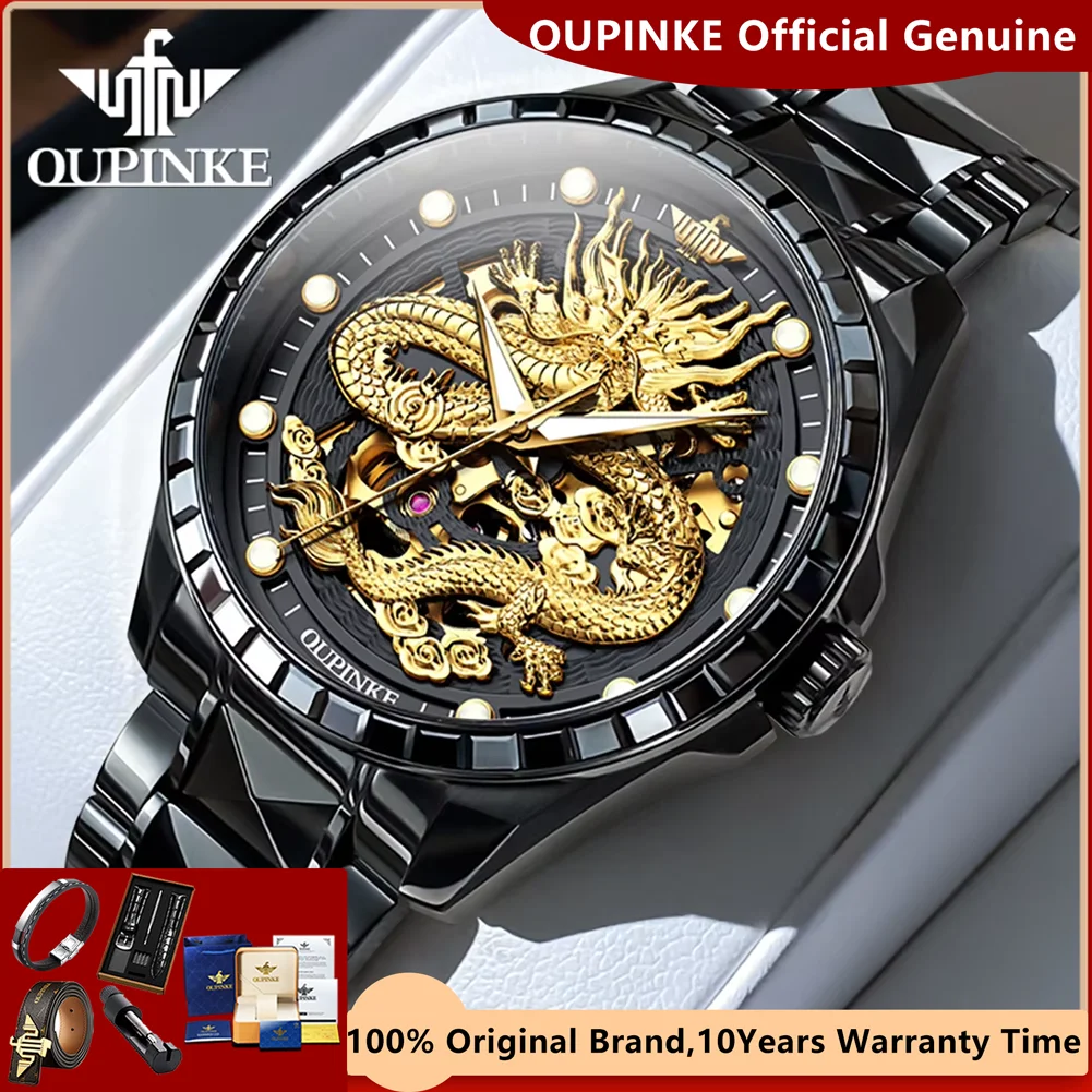 OUPINKE-Automatic Mechanical Wristwatch for Men Japan Import Movement Hollow Out Dragon Watch Tungsten Steel Strap Luxury Watch