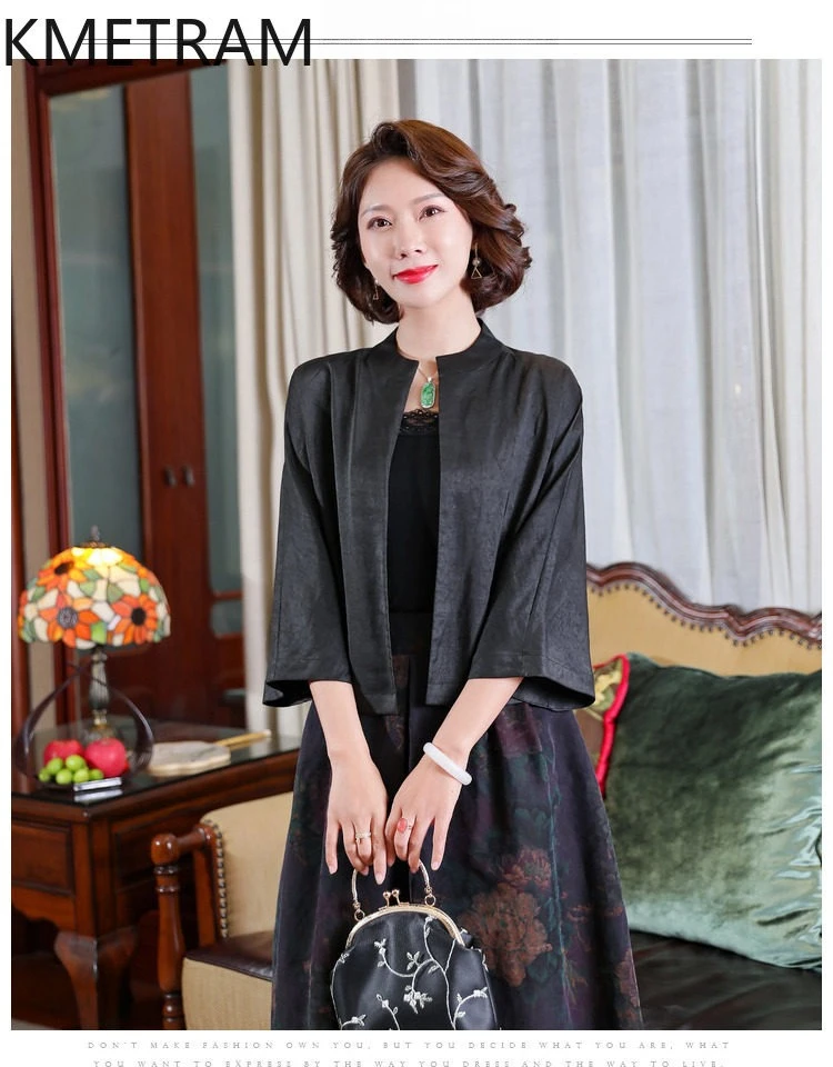 KMETRAM 100% Mulberry Silk Xiangyunsha Tops for Women 2026 Spring Simple Black Short Style Three Quarter Sleeved Coat Ropa Mujer
