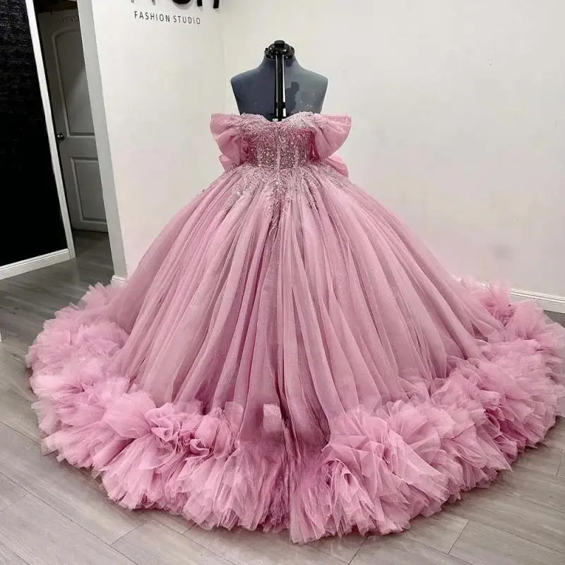 

Customized Pink Quinceanera Dresses for Girls Bowknot Off the Shoulder Diamond Appliques Robe Quinceanera Vestidos De 15 Años