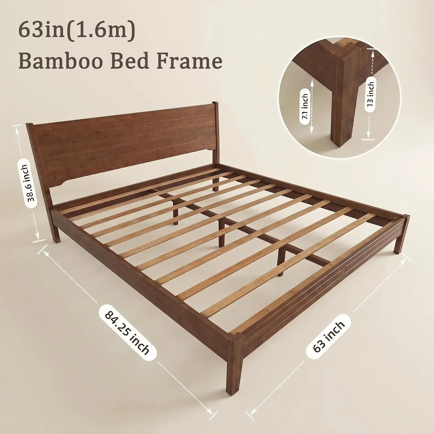 Queen Size Bamboo Platform Bed Frame with Tall Headboard, Customized - view 2