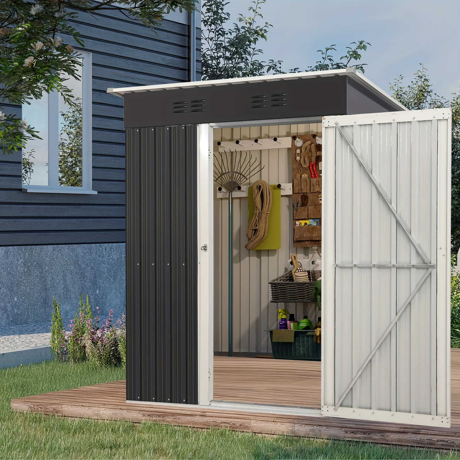 5X3 FT Outdoor Storage Shed, Tool Shed with Sloping Roof And Lockable Door, Metal Shed for Backyard Garden Patio Lawn, Dark Grey
