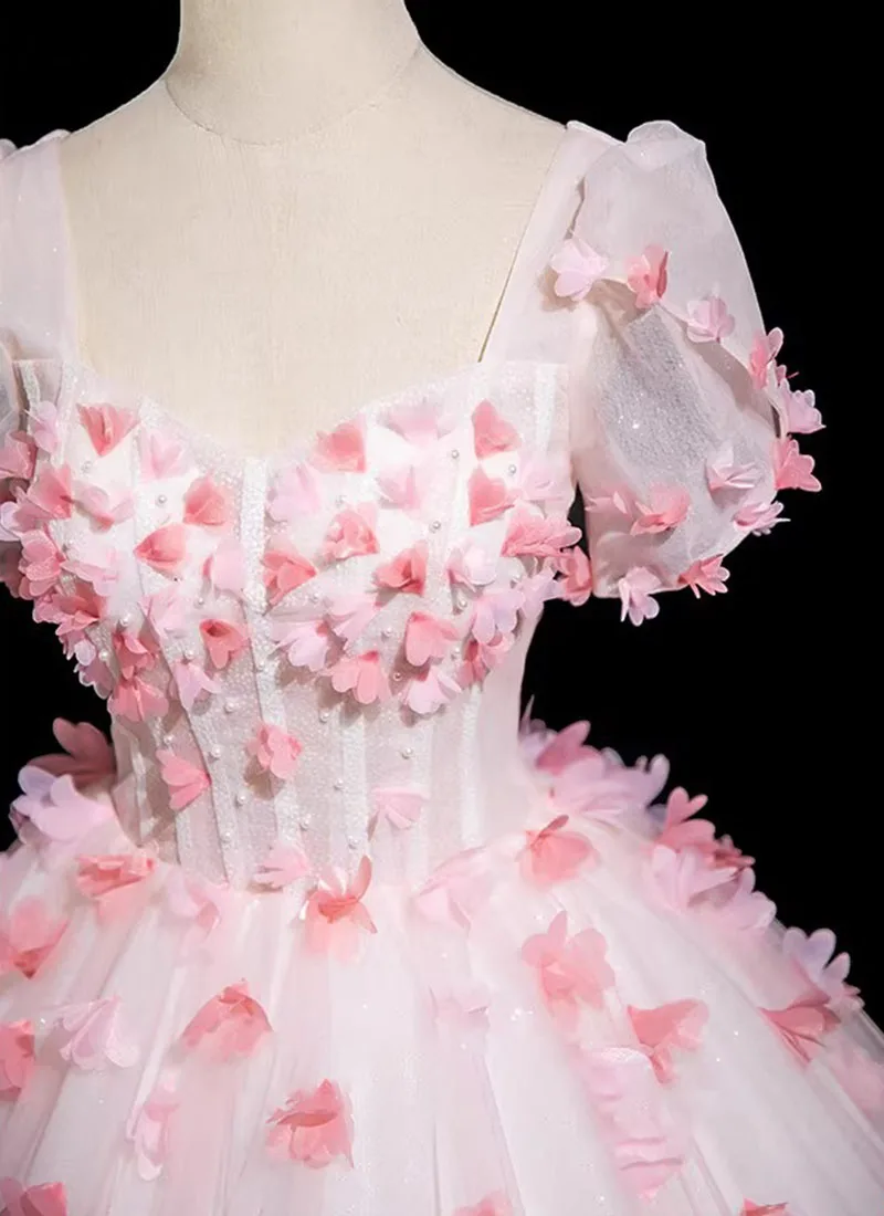 Luxuriöses und ätherisches rosa dreidimensionales Blütenblatt, elegantes Damen-Abendkleid, geschwollenes Prinzessinnenkleid, Vestido de Novia Cetim