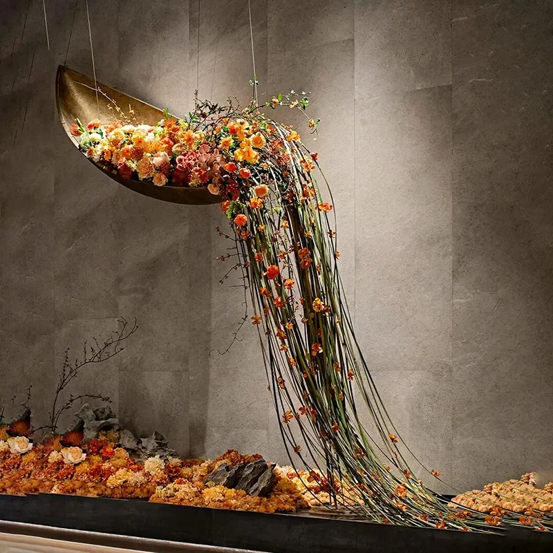Indoor art installation simulation flower art landscaping upside down bamboo weaving ceiling suspension space decoration