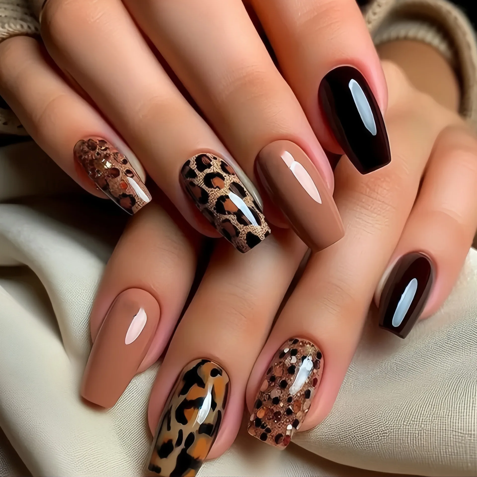 24Pcs Mid-length Square Head Press on False Nails with Golden Butterfly Design Full Cover Nails Tips Wearable Finished Fake Nail