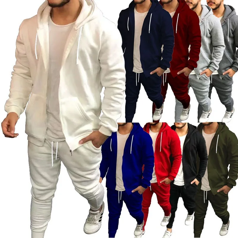 Spring Autumn Sports Mens Sets Solid Color Fashion Casual Suit Hooded Cardigan Coat and Trousers Menswear Two Piece Set