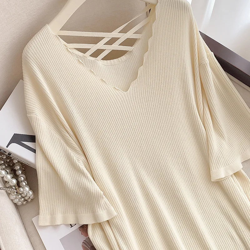 160Kg Plus Size Women\'s Bust 160 Summer Loose Wave Neck Short Sleeve Knit Shirt Black Apricot Pink 6XL 7XL 8XL 9XL 10XL