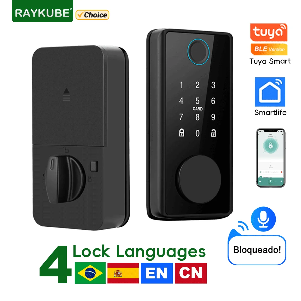 RAYKUBE DS01 4-language Tuya Smart Fingerprint Deadbolt Lock with Latch/Door Sensor Auto Lock Key/Password/Card/ Tuya APP Unlock