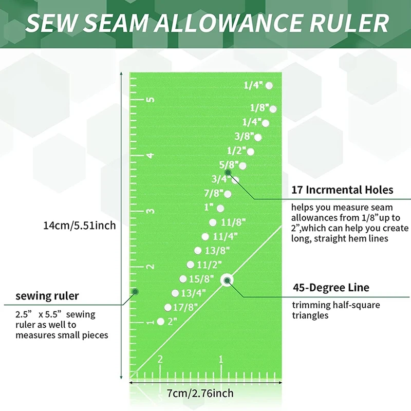 솔기 허용 눈금자 재봉 눈금자, 녹색 솔기 가이드, 눈금자 솔기 게이지, 45 도 트림 라인 측정 도구, 2 개