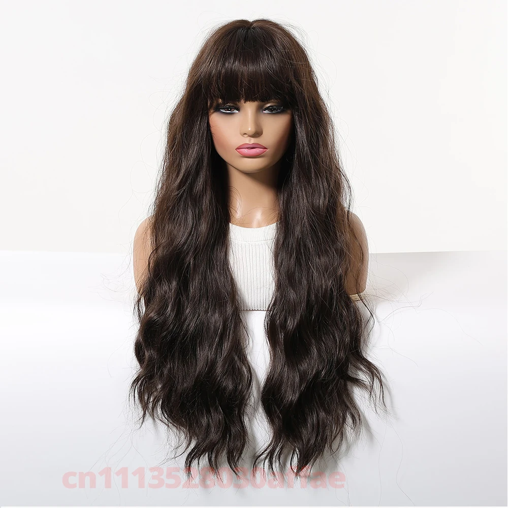 Dark Brown Long Curly Wig with Bangs for Women Fluffy Heat Resistant Natural Synthetic Rose Gold Wig for Daily Cosplay Party Use