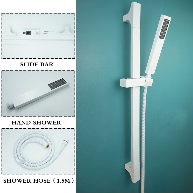 

White Square Sliding Manual Shower Sliding Rod Connector 304Stainless Steel Handheld 1.5 M Hose Bathroom Accessories