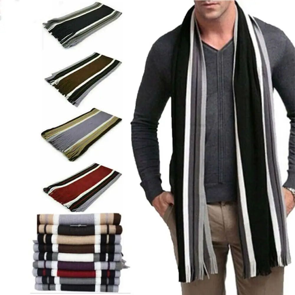 Bufanda informal de cachemira a rayas para hombre, cuello grueso, cálido, largo de invierno, estola con borlas, envoltura suave para el cuello