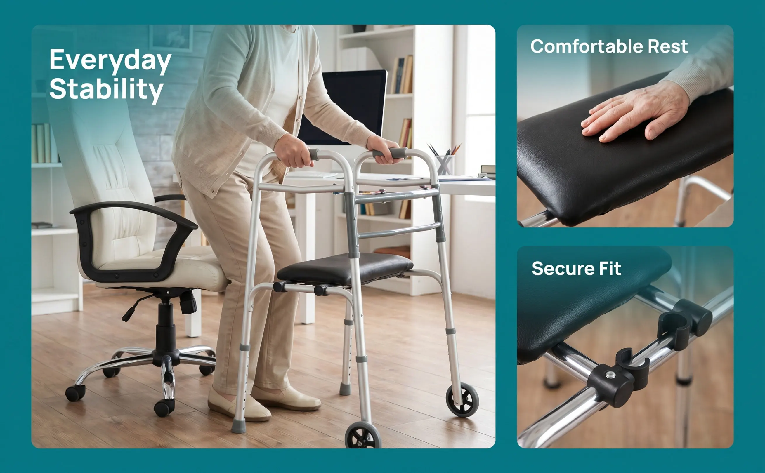 Lightweight Aluminum Alloy Reversible Walker Seat with Stable Bath & Shower Support