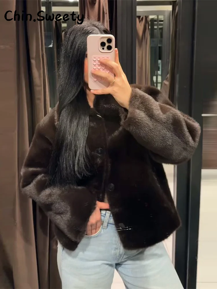 معاطف جلدية نسائية دافئة قابلة للعكس مع طية صدر السترة فضفاضة وأكمام طويلة وجيوب واحدة معطف لخريف وشتاء 2025 ملابس خارجية للسيدات #5