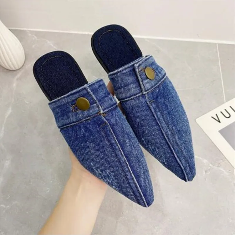 Platte Dames Halve Slippers Puntige Neus Denim Wit Met Herfst Blauwe Kleding Casual Slippers C1186