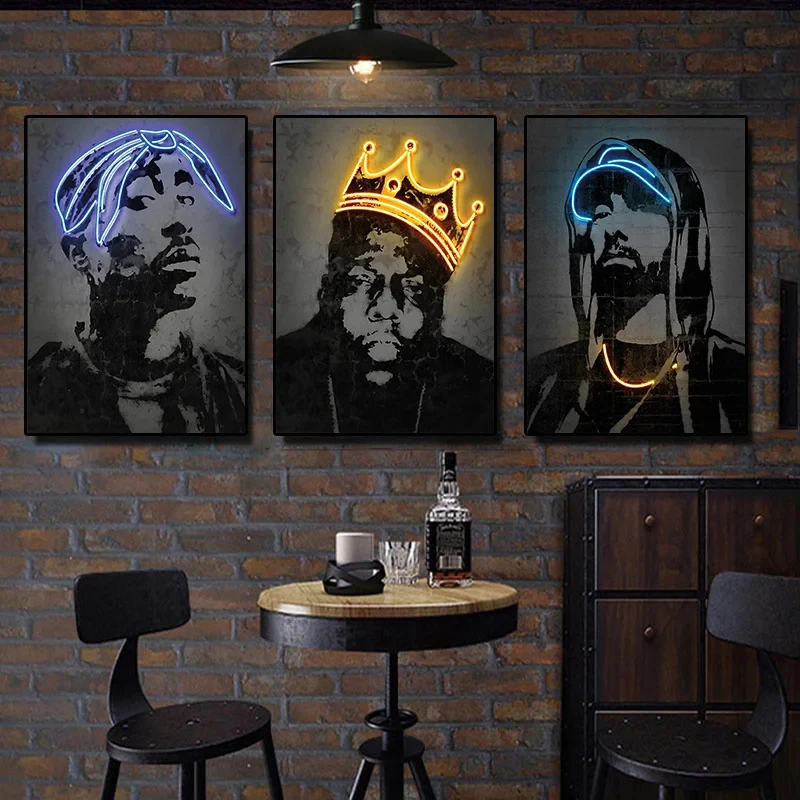 Abstract Neon Rapper Star Posters 2Pac Hip Hop Singers Wall Art Pictures Graffiti Canvas Painting Home Room Bar Decor NO LED