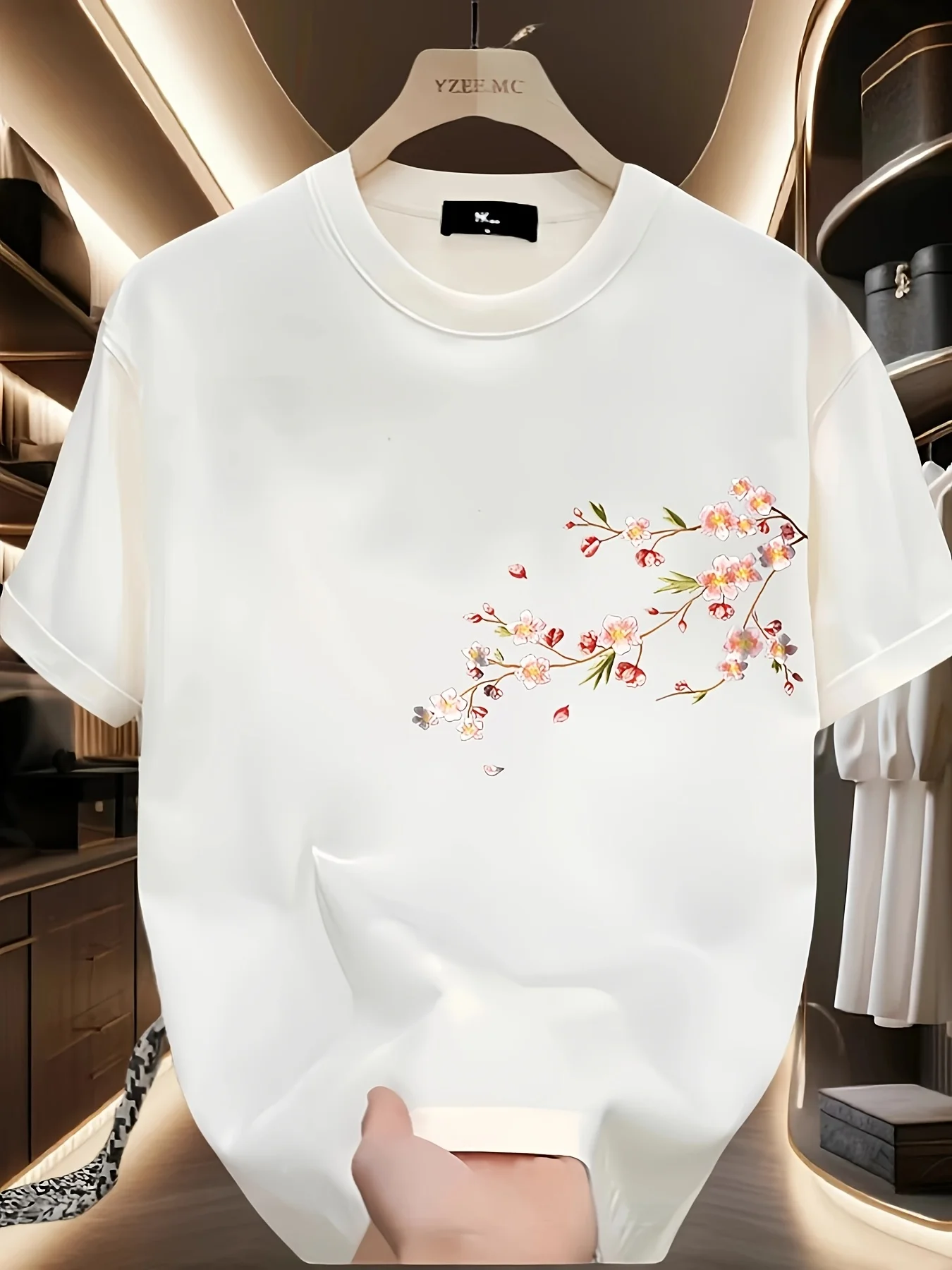 Vintage Oriental Sakura Cherry Blossom Print Mens 100% Cotton Short Sleeve T Shirt Japanese Style Floral Pattern Loose Street Ba