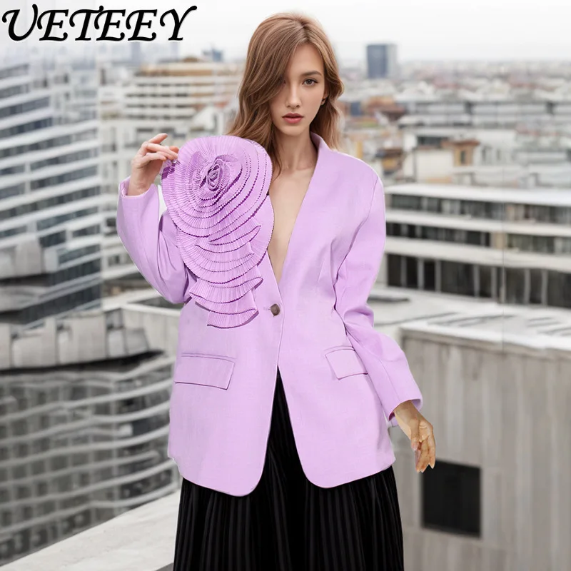 Fashion Elegant V-neck Three-Dimensional Flower Stitching Suit Jacket Female Blazer Coat 2024 Spring Summer New Women Clothes