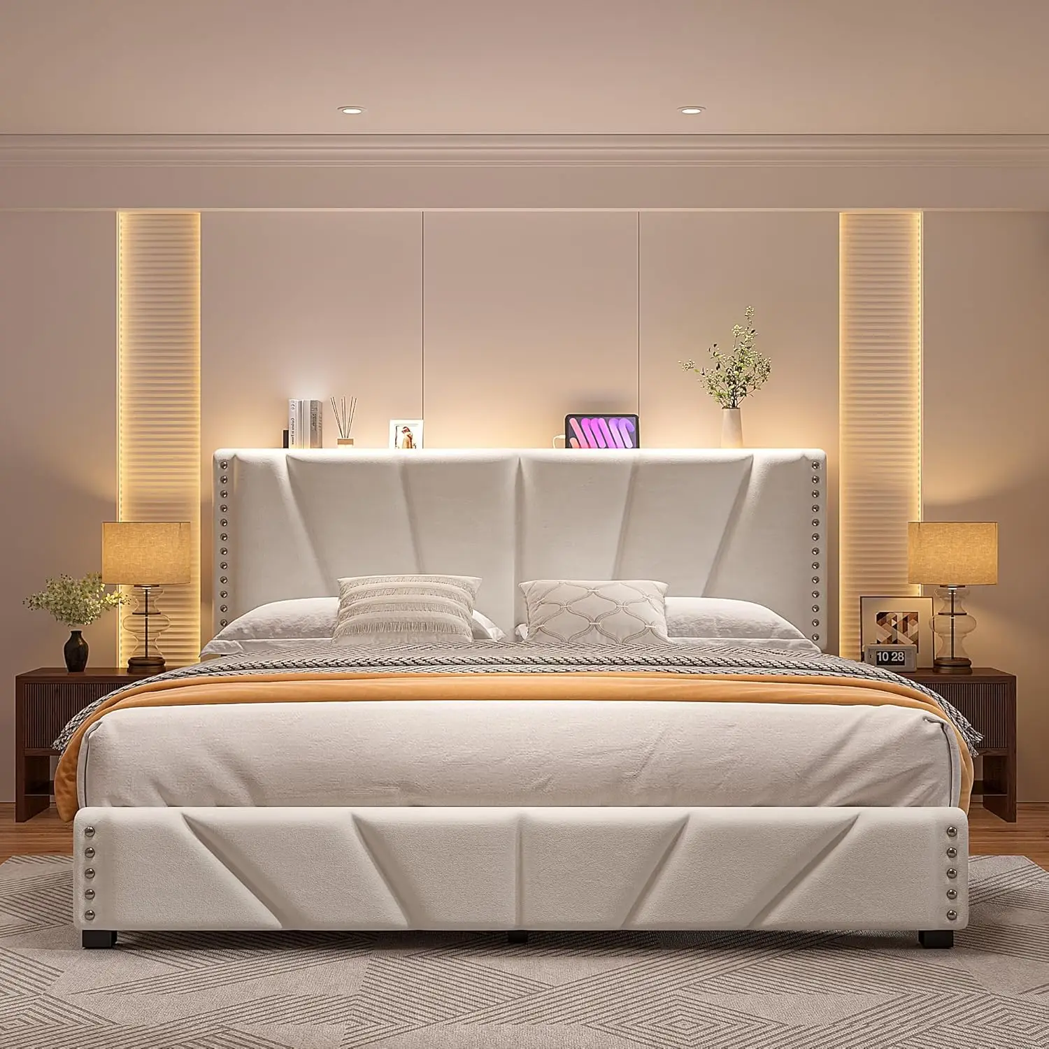 King Size Bed Frame with Velvet Headboard and LED Lights， Storage Headboard Platform Bed with Charging Station image 6