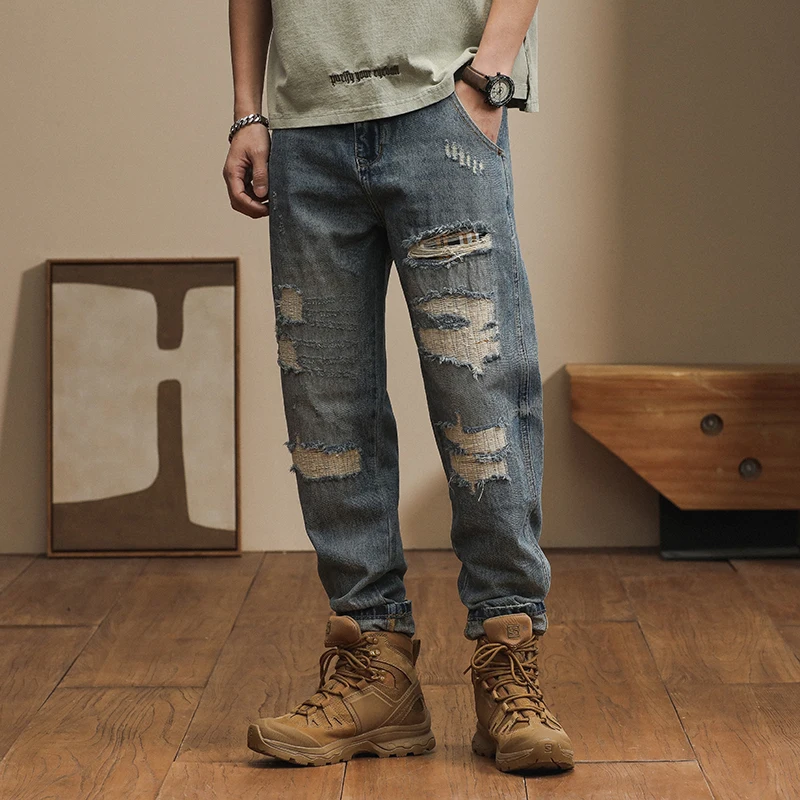 

Japanese loose Harem pants spring and autumn retro vintage casual versatile trendy cargo ripped patch jeans for men clothing