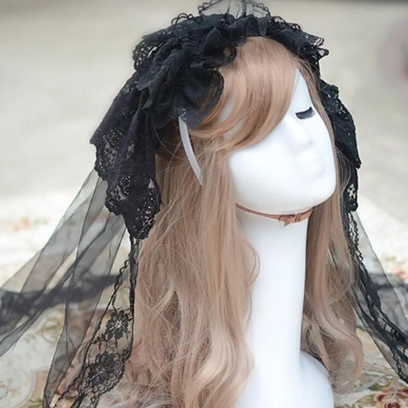 

652F Retro Gothic Veil Black White Lace Veil Headdress One-layer Lace Wedding Veil for Engagement Anniversary