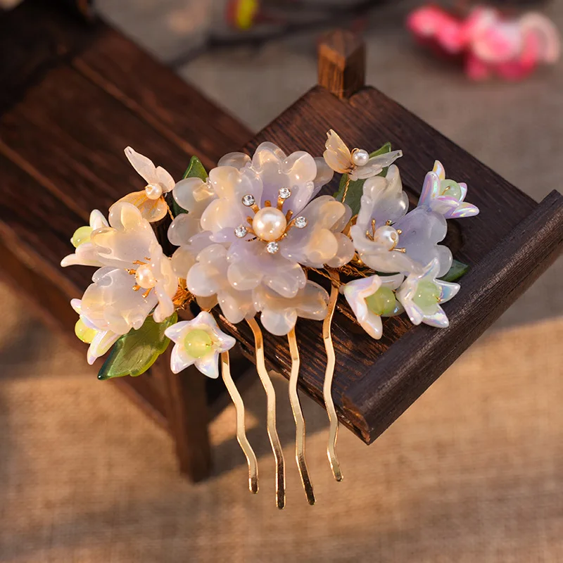 Vintage Floral Hair Comb Tang Dynasty Hairpin For Women Pearl Alloy Tiara Chinese Wedding Hanfu Hair Accessories Classic Jewelry