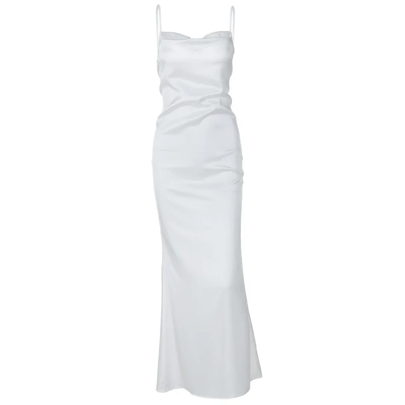 2025 summer new women's clothes sexy and elegant silk satin-textured fitted halter and lace-up long dress