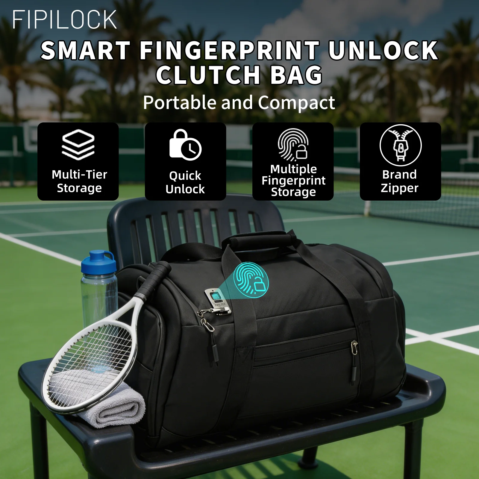FIPILOCK Gym Travel Bag with Adjustable Shoulder Strap Smart Fingerprint Unlock Luggage Bag Anti‑theft Anti‑burglary Briefcase H