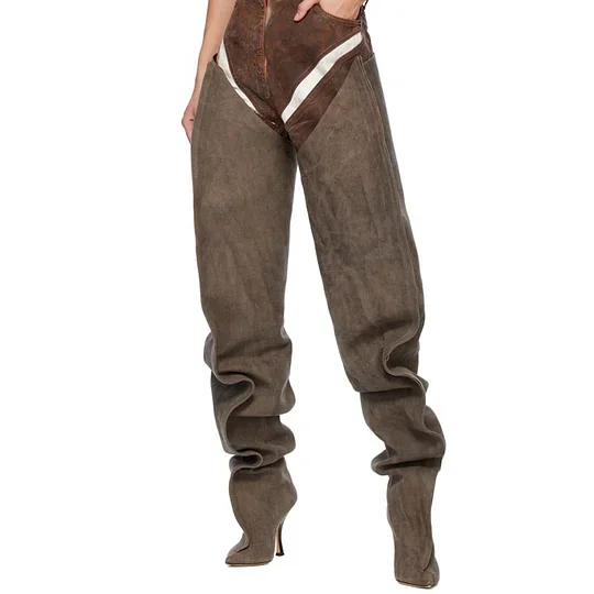 Women's New Loose Upper Over Knee High Trousers Denim Wide Fit Boots Integrated Pants Design Pointed Toe High Heel Long Boots