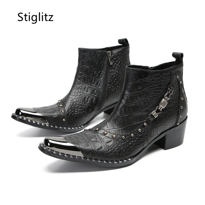 Black Rivet Metal Buckle Ankle Boots Men\'s Leather Shoes Metal Toe Safety Shoes Man for Work Side Zipper Wedding Business Shoe