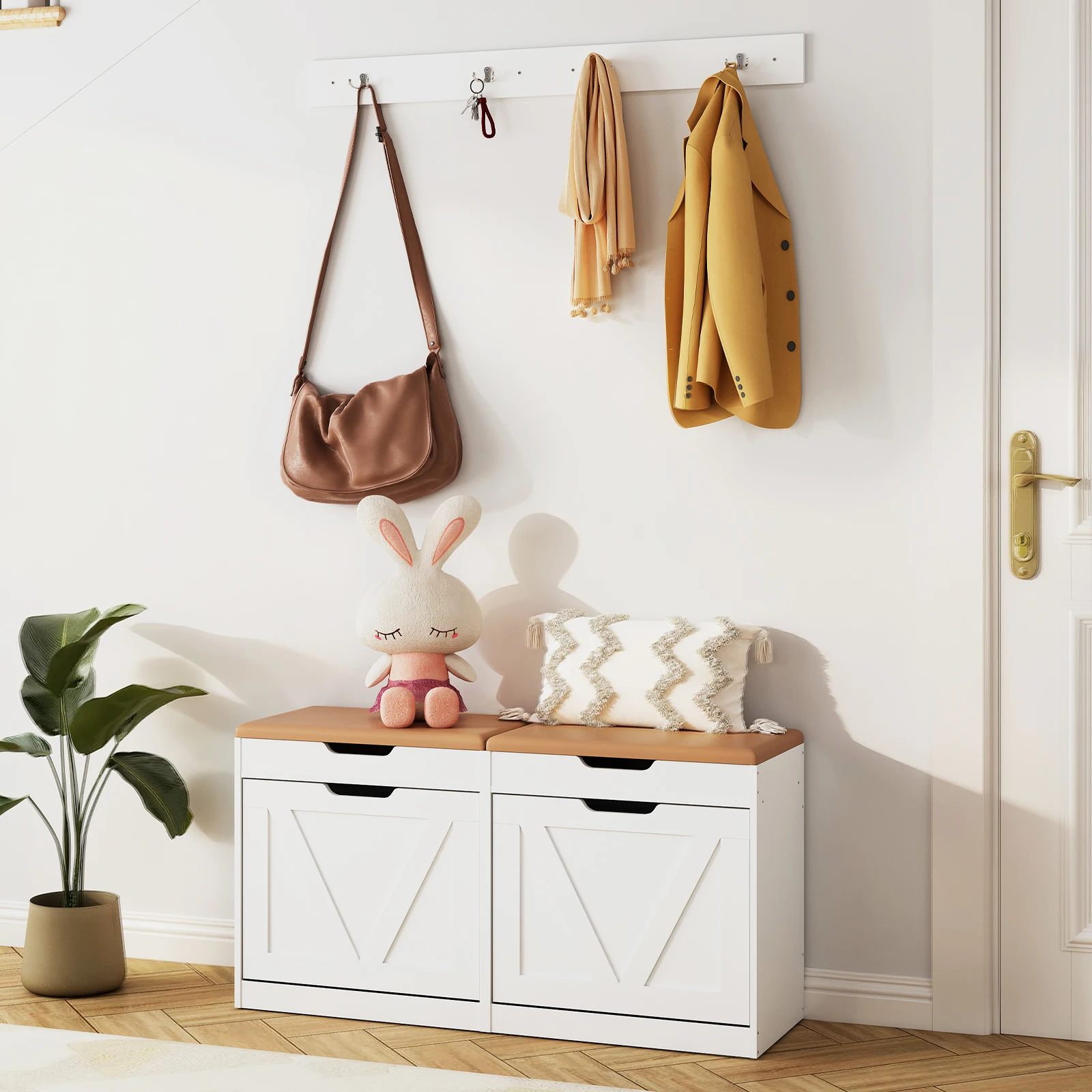 

39-inch storage bench, comes with hanging board, with 2 flip-top drawers and adjustable shelves, flip-top cabinet and cushioned seat - space-saving shoe cabinet, suitable for entryway, hallway, bedroom storage cabinet