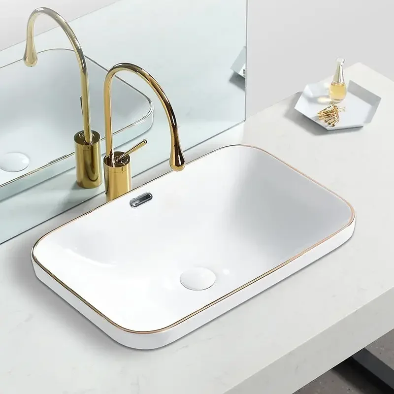 5 Sizes White Ceramic Bathroom Sinks Modern Golden Edge Washing Sink Simple Embedding Washbasins Square Wash Basin