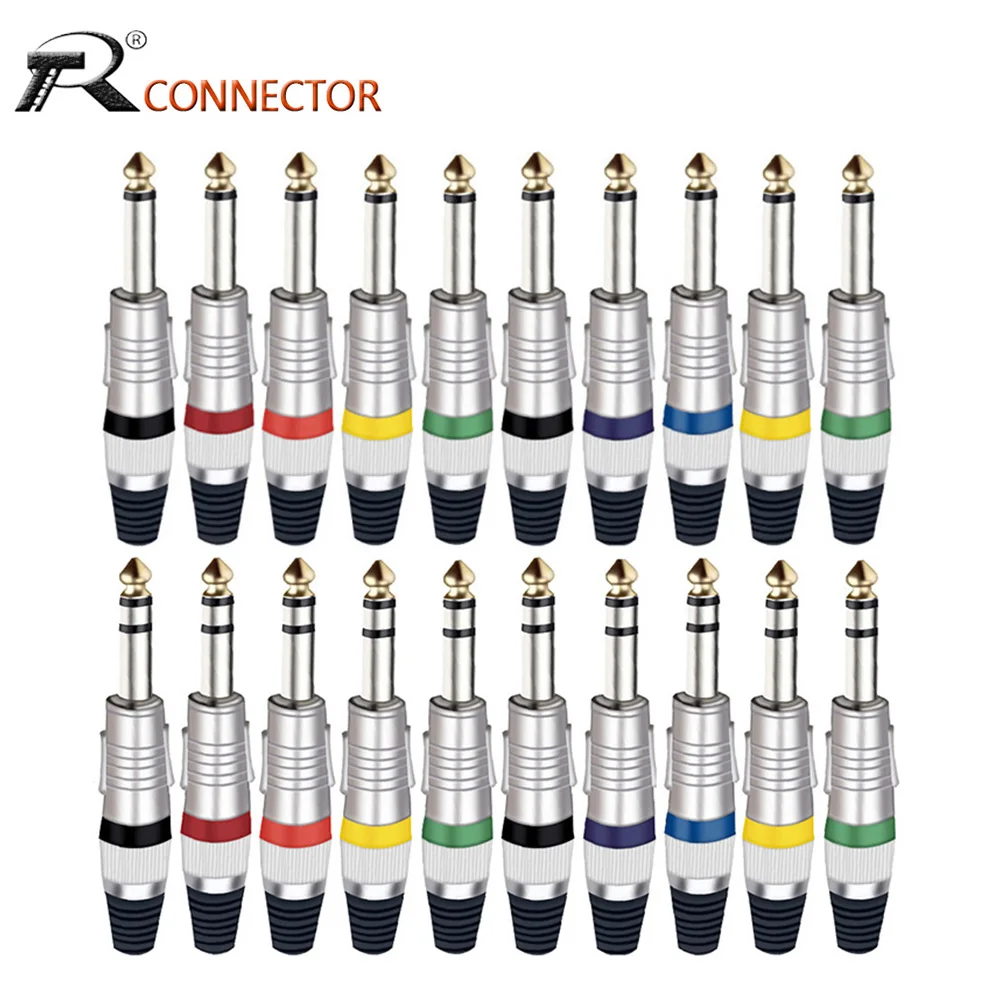 10pcs 6.35mm Jacks to 6.5mm Mono/Stereo Microphone Male Plug 7 Colors Nickel Plated Wire Connectors