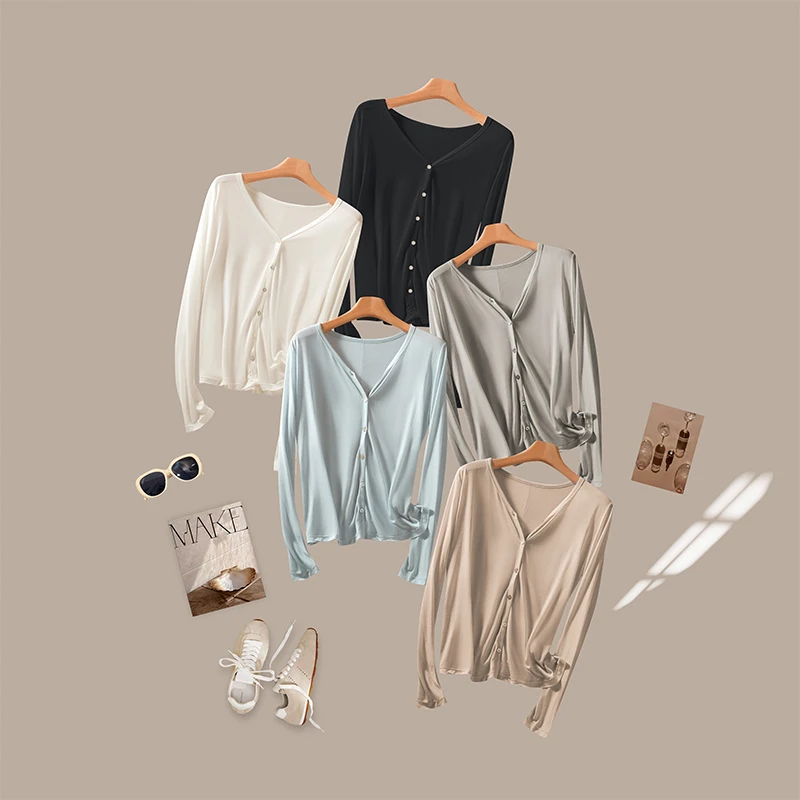 

Легкий солнцезащитный шелковый открытый кардиган, женский летний 2022, V-Ne, свободная длинная верхняя одежда с кондиционером све