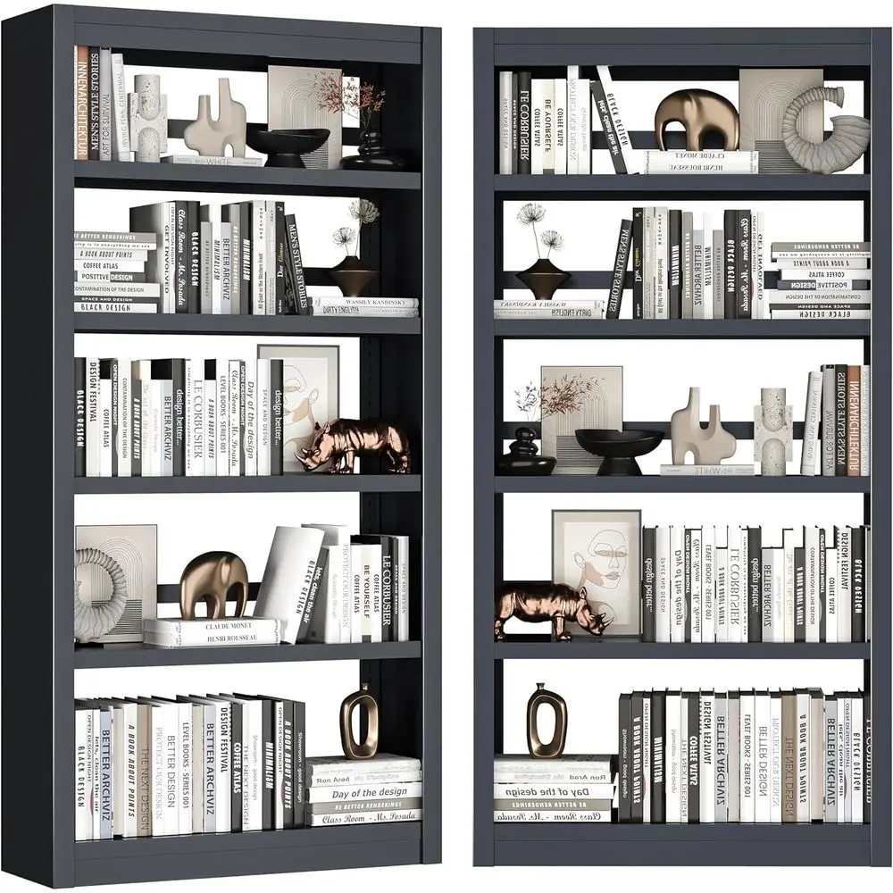 

6-Tier Adjustable Metal Bookcase with Book Stopper for Living Room and Home Office