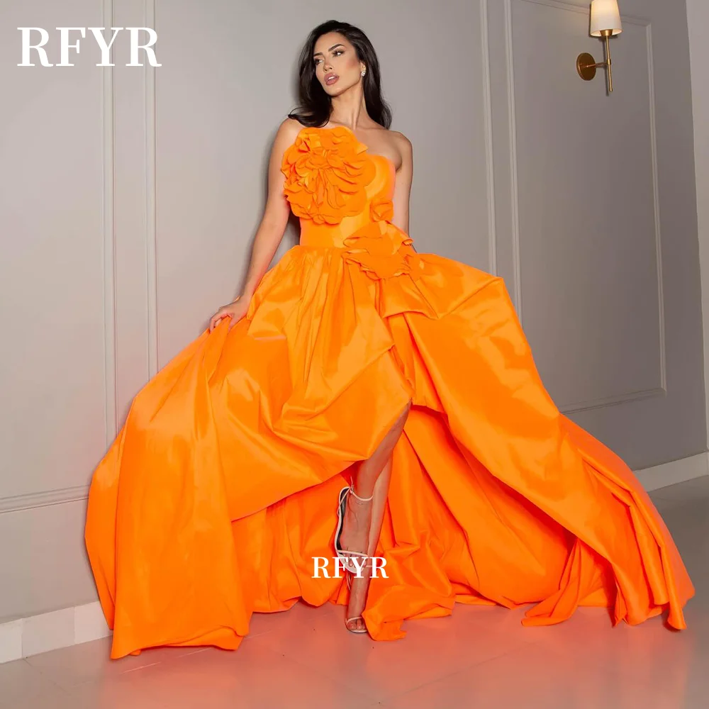

RFYR Orange Party Dress with 3D Flowers Evening Dress High Low Prom Dress Pleated Princess Dresses فساتين مناسبة رس Customized