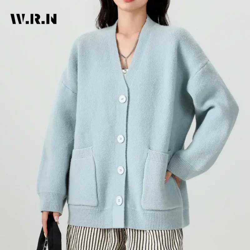 

Women Luxury Sweet Pockets Knitting Long Sleeve V-Neck Cardigans 2024 Winter Fashion Casual Single Breasted Elegant Blue Sweater