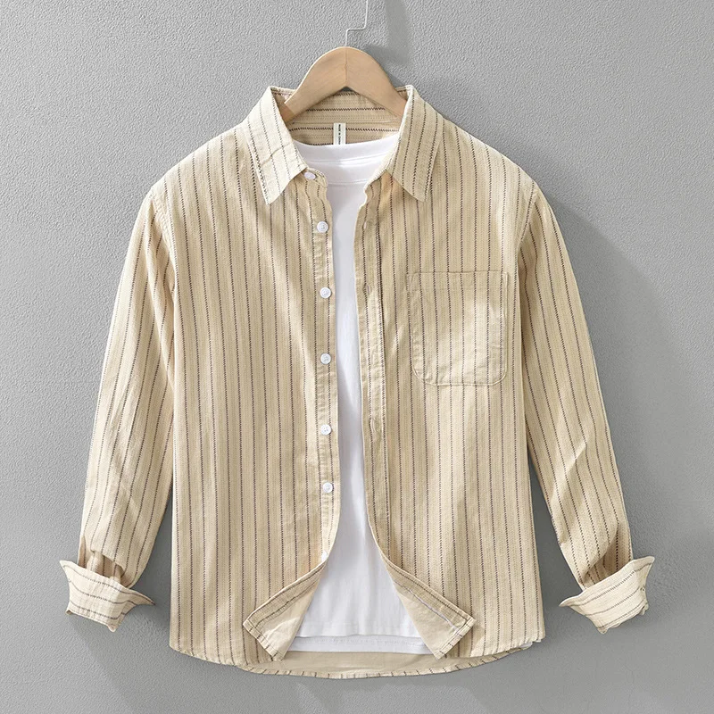 Japan Fashion Style High Quality 100% Cotton Striped Corduroy Shirts for Men Autumn Spring Long Sleeve Loose Workwear Tops Coats