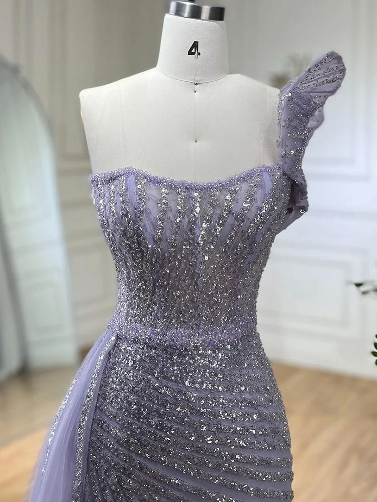 Lilac Purple Hand-beaded One-shoulder Sleeveless Fishtail Banquet Elegant Temperament Dress Wedding Dress