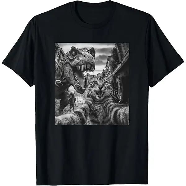 T-shirt con stampa di pizza di dinosauro gatto spaventoso con maniche corte in cotone ampio e confortevole per uomini e donne con soldi