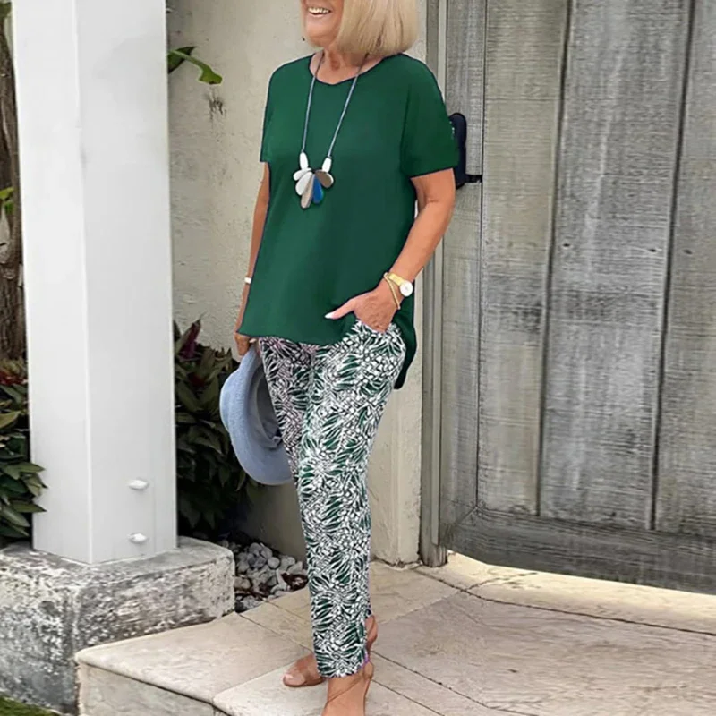 

Simple Casual Solid T-shirt & Print Pant Sets Women Casual O Neck Short Sleeve Outfit 2025 Spring Summer Two Piece Suit Harajuku