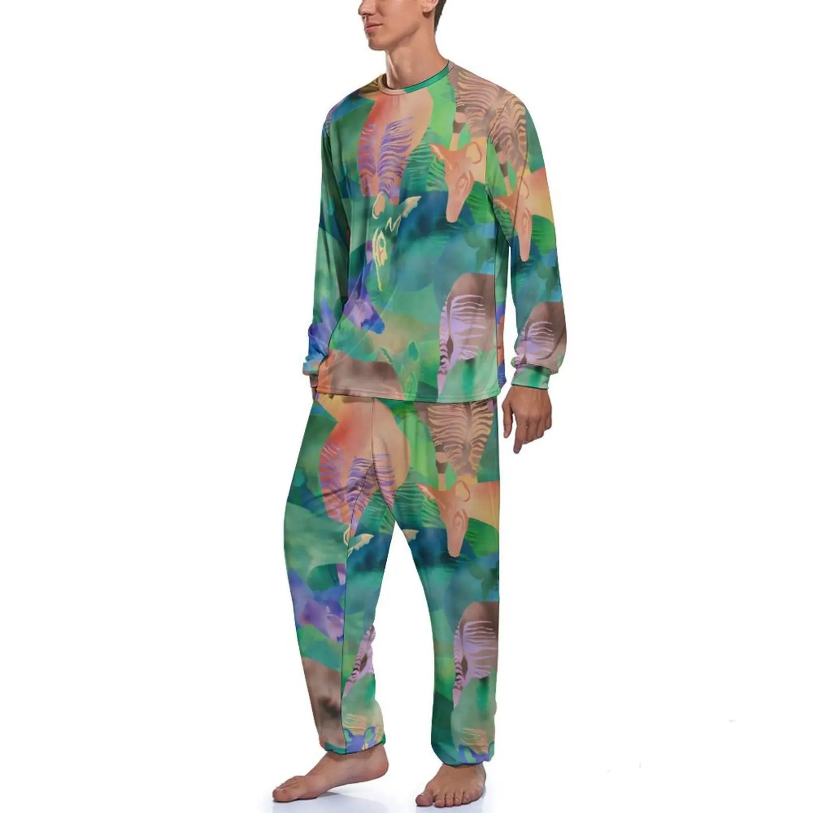 Abstract Giraffe Pajamas Spring 2 Piece Rainbow Animal Print Kawaii Pajamas Set Man Long Sleeves Room Design Sleepwear