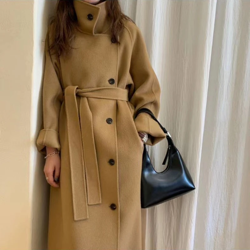 

New Stand Collar Double-sided Cashmere Coat Women Mid-long Autumn Winter Loose Single-breasted Belt Woolen Coats Lady Overcoat