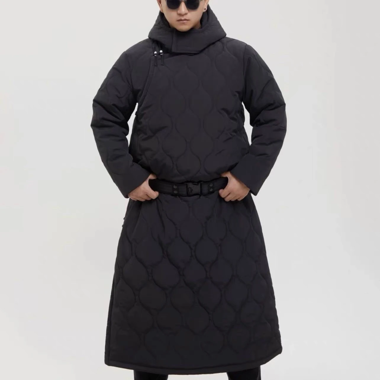 

Winter New Mongolian Cotton Robe Men's Ethnic Sle Plaid Pleated Long Warm Cotton Jaet Coat Thiened Warmth Hooded Casual