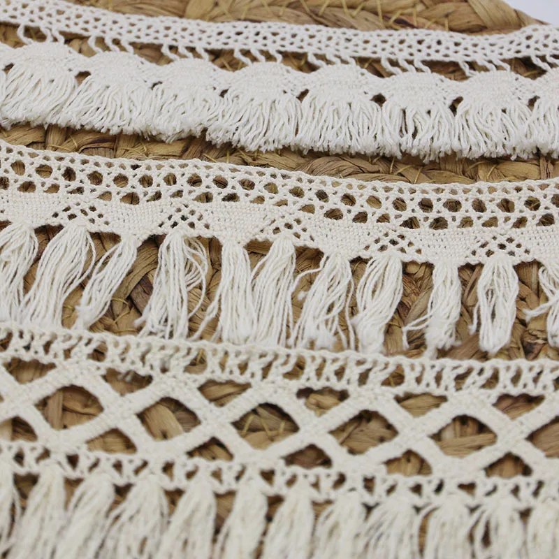 (3 Meters/bag) Tassel Lace Cotton Fabric Beige Ribbon Hollow Cut Bohemian Style Clothing DIY Sewing Handmade Materials Versatile